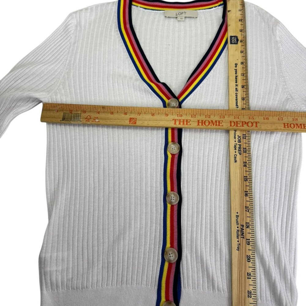 LOFT White Ribbed Button Front Cardigan Sweater with Rainbow Trim – Size L - Picture 8 of 8